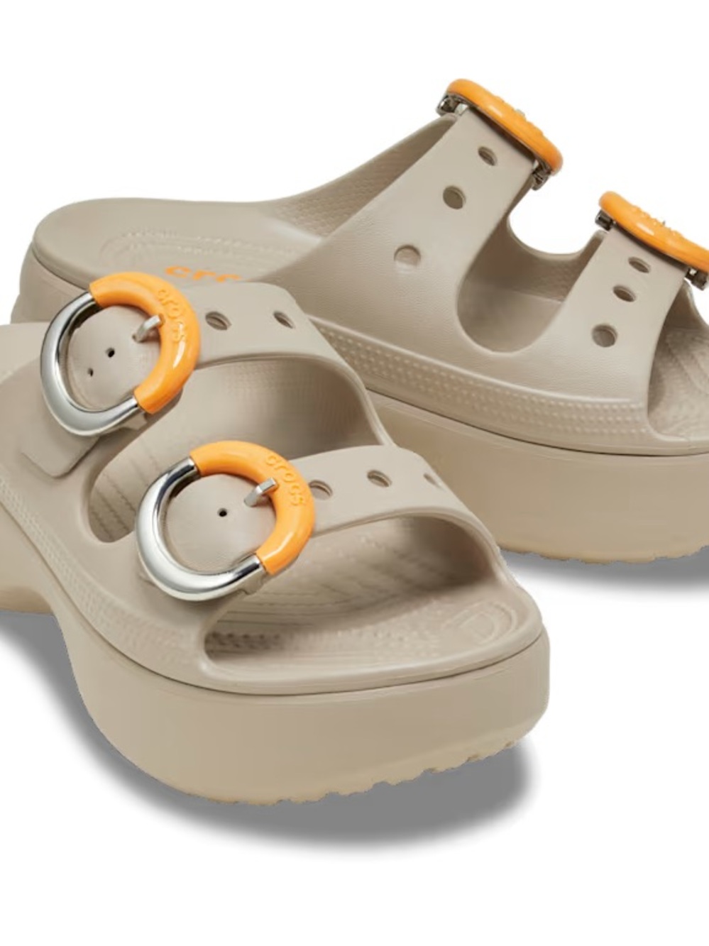 CROCS Women's Beige Platform Slide Sandal with Orange Ring Buckles